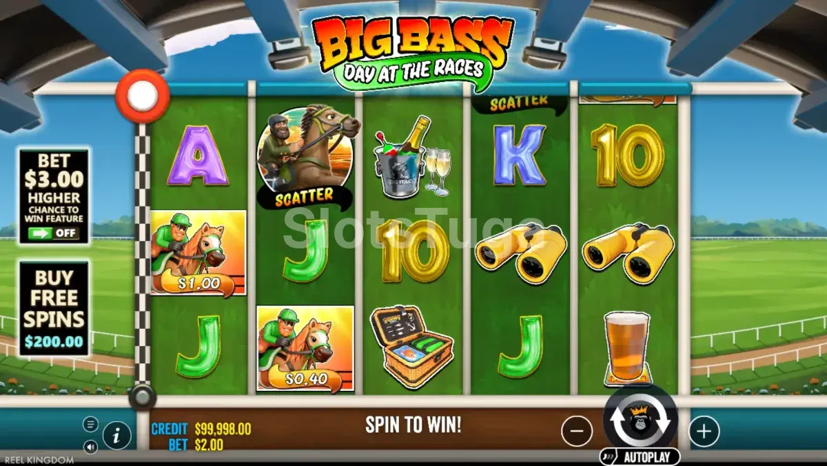 Jogo base do Big Bass Day at Races com grade de 5 rolos