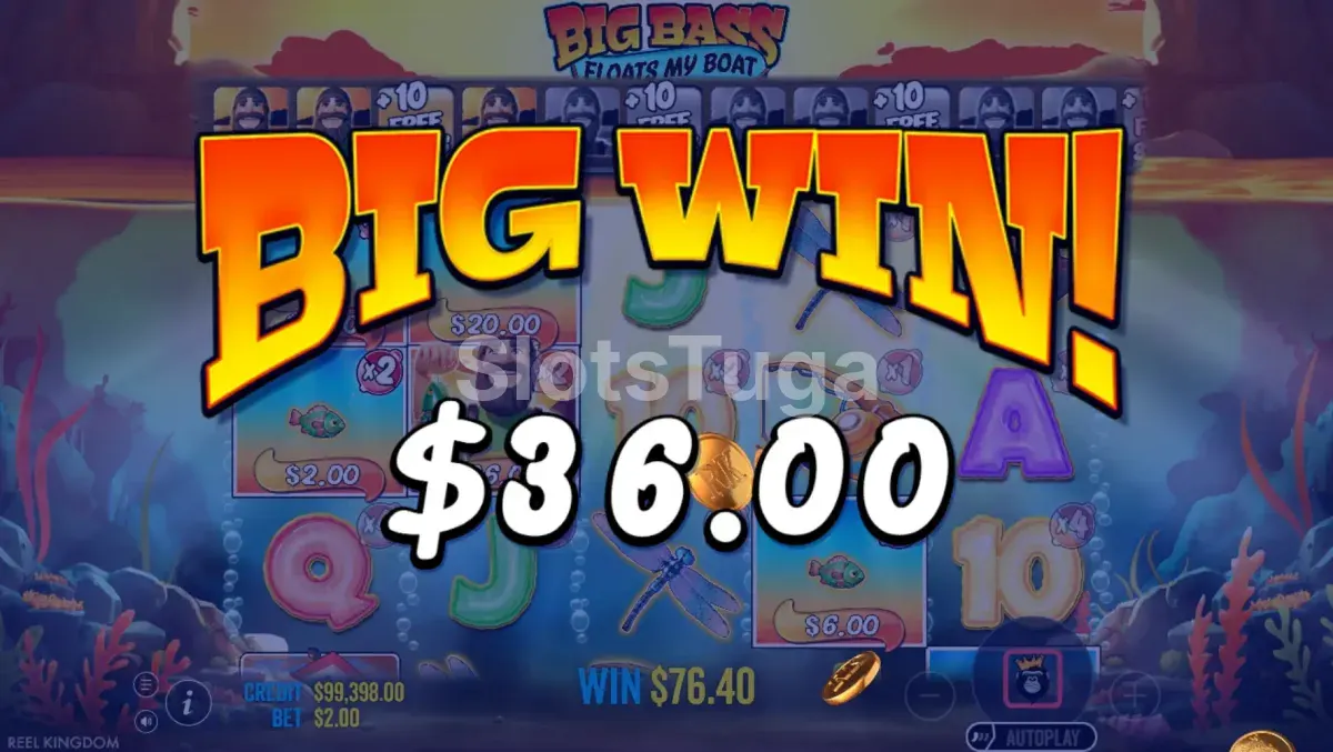 Big Win aparecendo na tela do Big Bass Floats My Boat com confetes