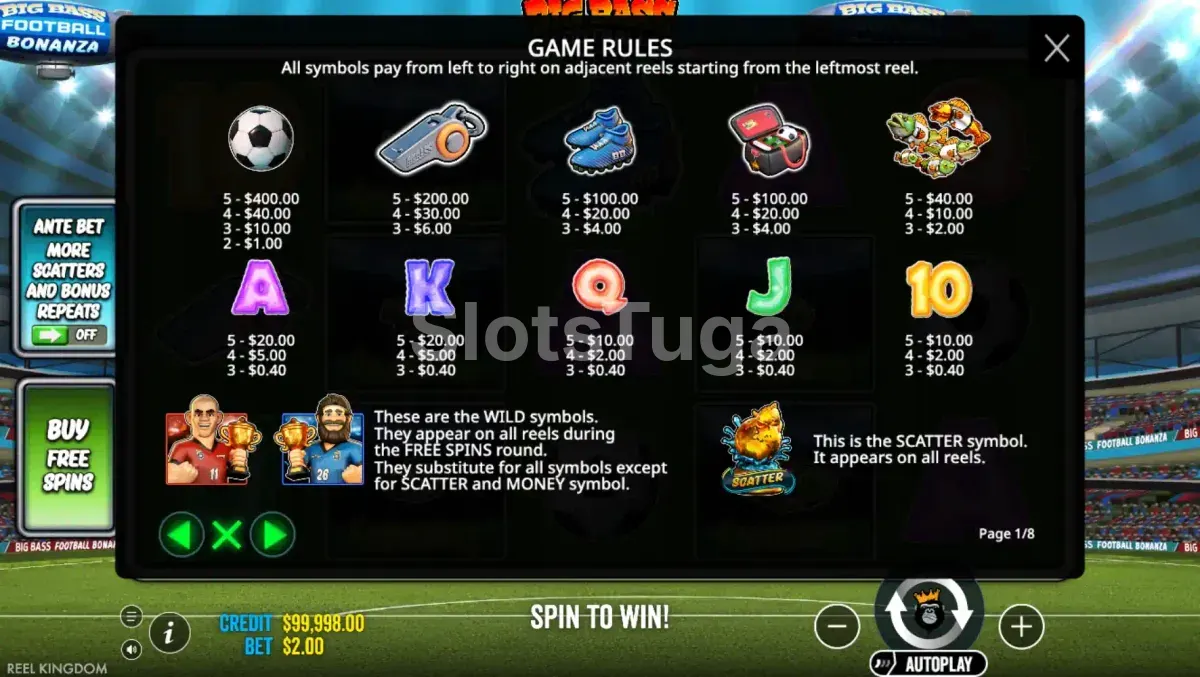 Tabela de pagamentos do Big Bass Football Bonanza com símbolos e valores