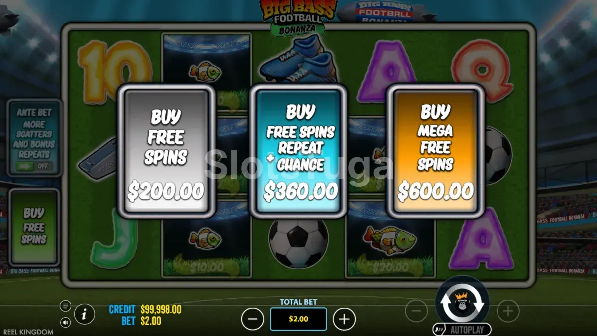 Tela de compra de bônus do Big Bass Football Bonanza com opções disponíveis