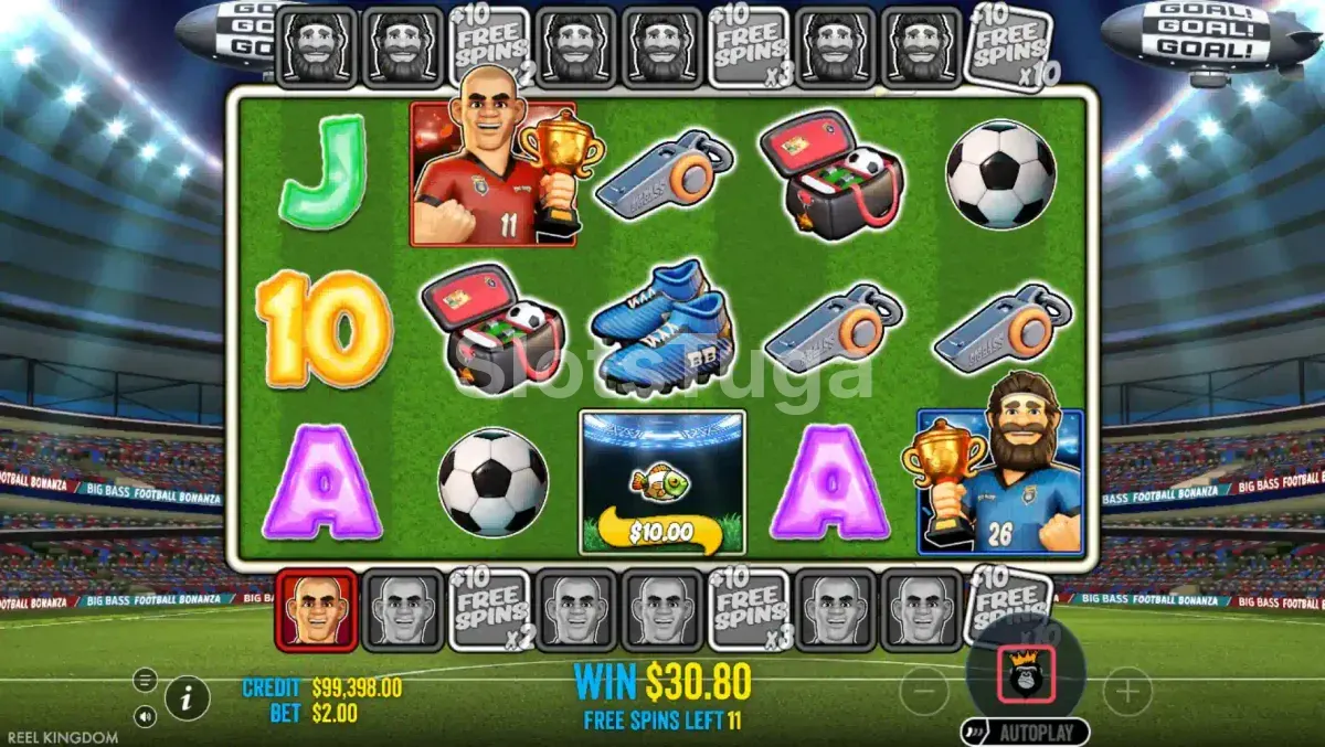 Tela de giros grátis do Big Bass Football Bonanza com wilds coletando valores