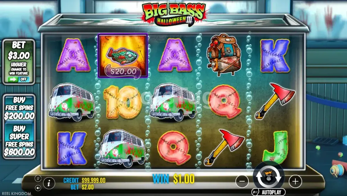 Big Bass Halloween 3 em jogo base: um aquário com marcas de mãos ensanguentadas, uma carrinha de campismo, um machado, uma mochila e um peixe com valor em dinheiro nos rolos.