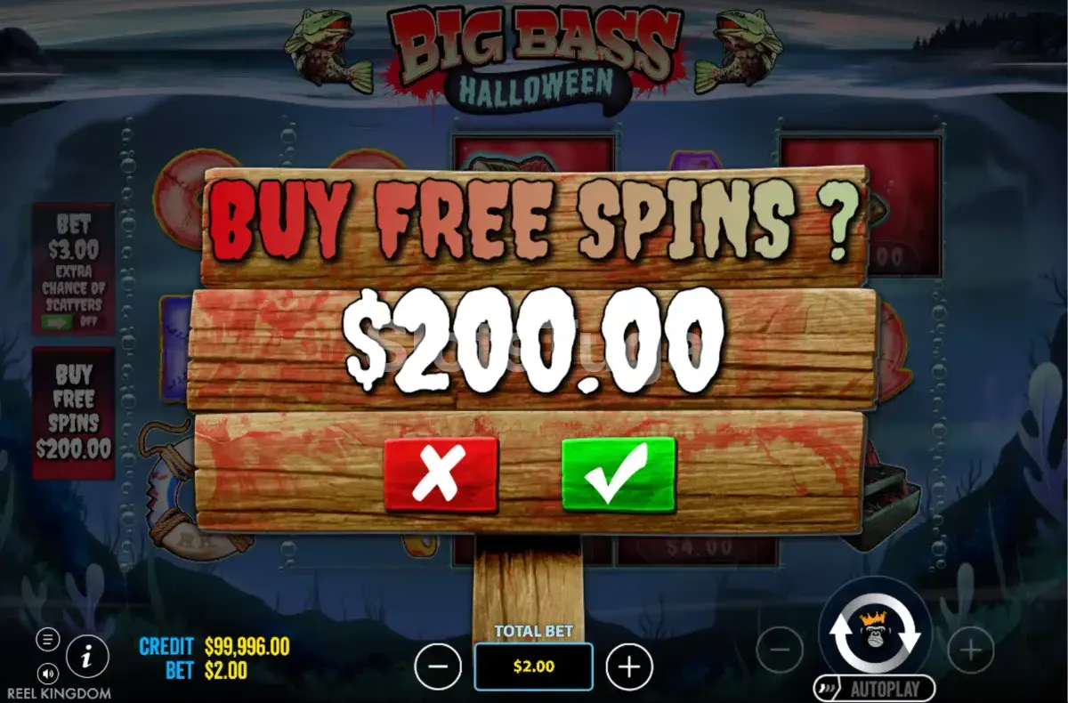 Tela de compra de bônus da Big Bass Halloween com opções de valores