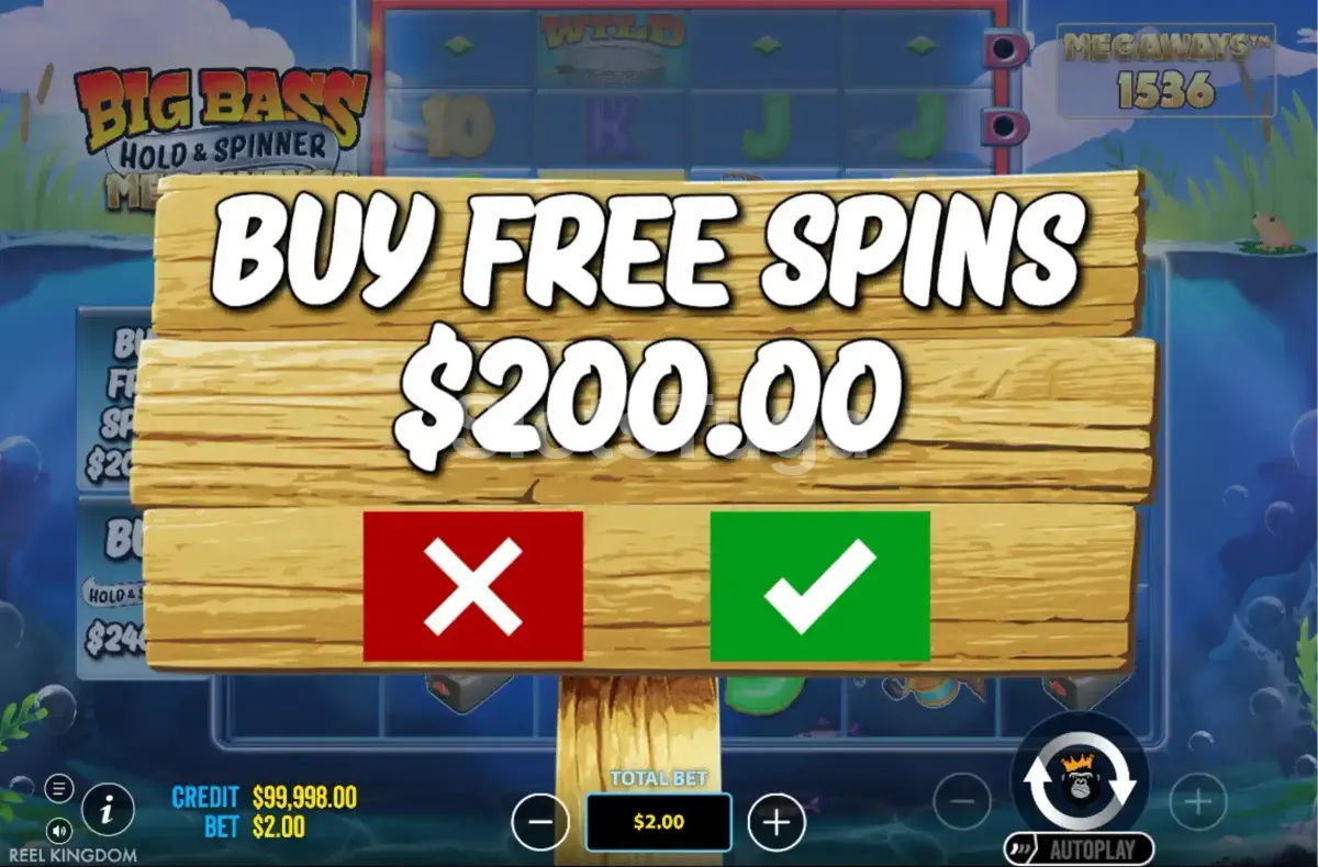 Tela de compra de bônus do Big Bass Hold & Spinner Megaways com opções de valores