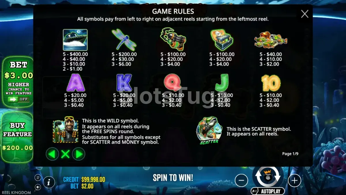 Tabela de pagamentos da slot Big Bass Mission Fishin com todos os símbolos