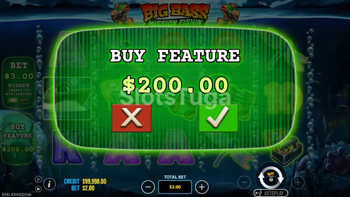 Tela de compra de bônus da Big Bass Mission Fishin mostrando as opções disponíveis