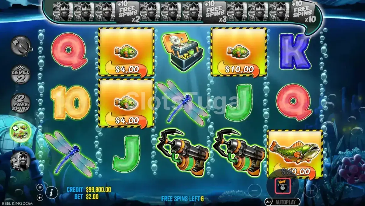Rodada de Free Spins da Big Bass Mission Fishin com pescador coletando peixes