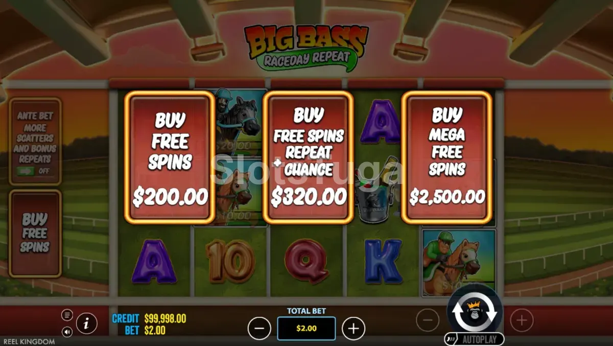 Tela de compra de bônus da Big Bass Raceday Repeat com opções de Bonus Buy