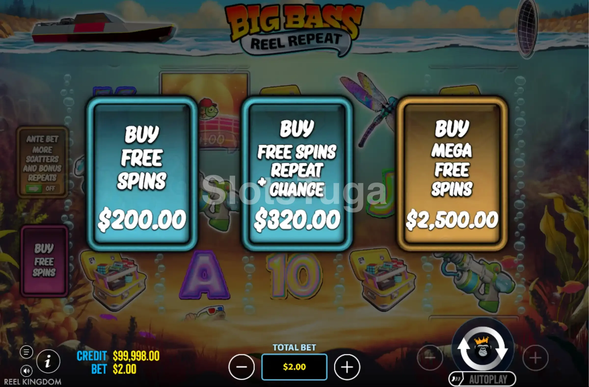 Tela de compra de bônus do Big Bass Reel Repeat mostrando as opções disponíveis