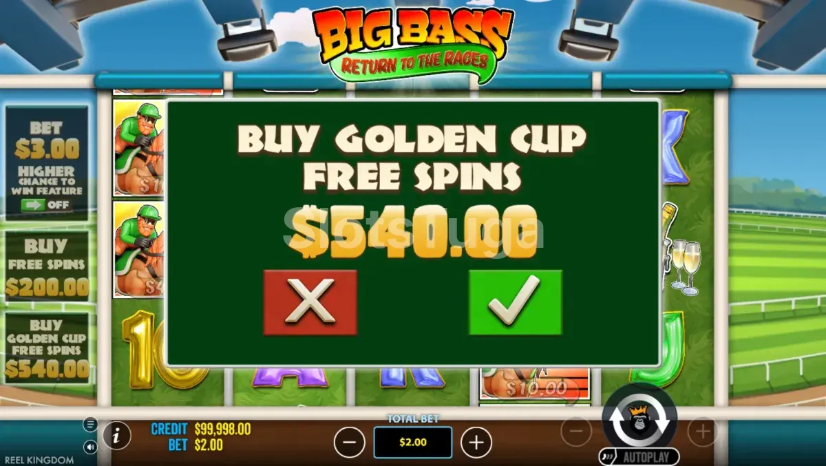 Tela de compra de bônus da slot Big Bass Return to the Races com as opções disponíveis