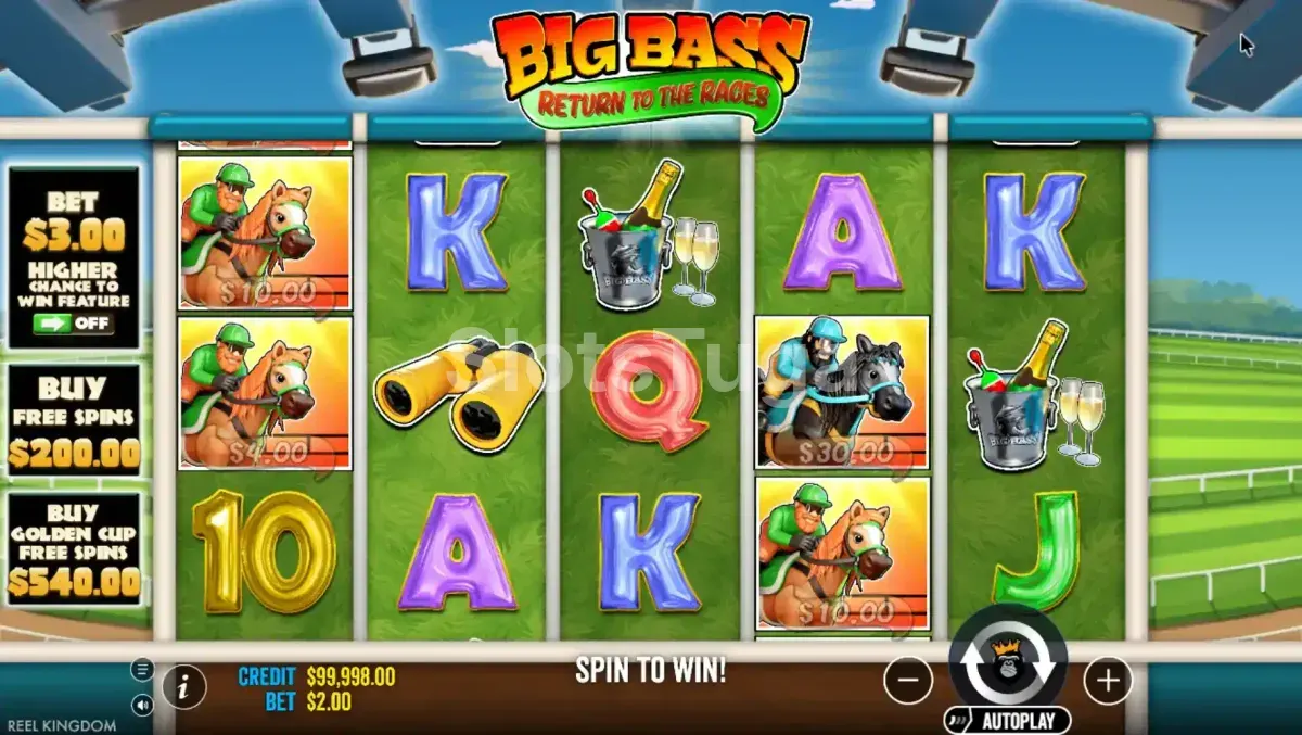 Jogo base da slot Big Bass Return to the Races com os rouleaux e símbolos principais