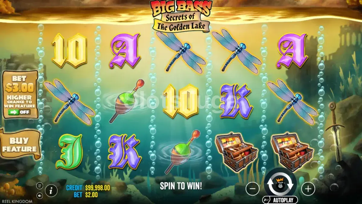 Tela principal do jogo Big Bass Secrets of the Golden Lake com lago dourado ao fundo