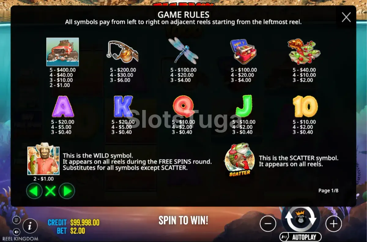 Tabela de pagamentos do Big Bass Splash 1000 com valores dos símbolos