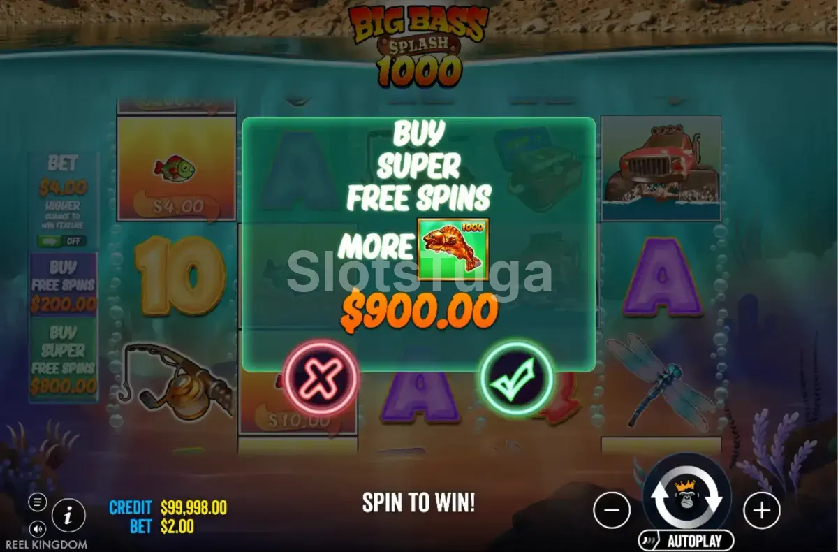 Tela de compra de bônus do Big Bass Splash 1000 com opções de Bonus Buy