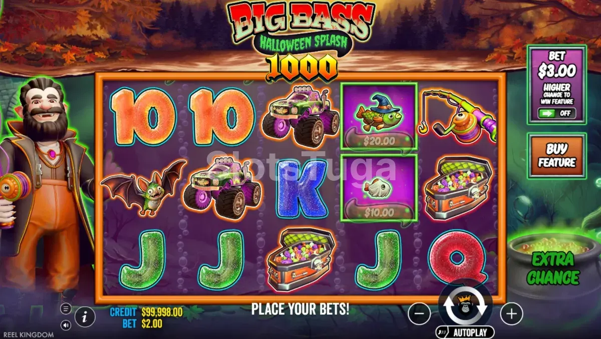 Jogo base do Big Bass Splash Halloween 1000 com a grelha 5x3 em águas escuras