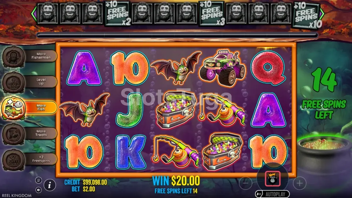 Free spins do Big Bass Splash Halloween 1000 com o pescador wild a recolher peixes