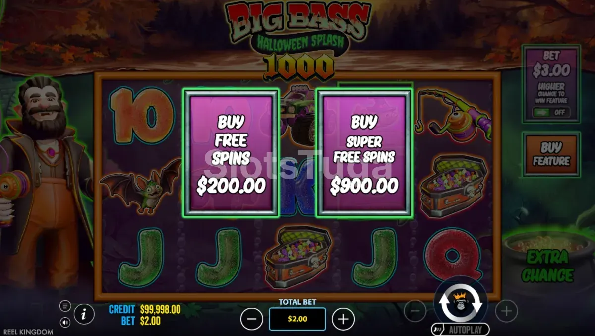 Ecrã de compra de bónus do Big Bass Splash Halloween 1000 com as opções de 100x e 450x