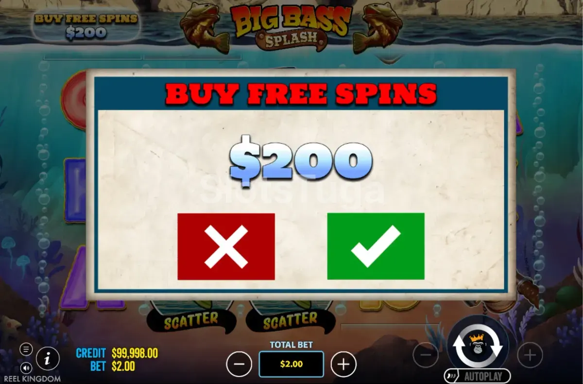 Opção de compra de bônus do Big Bass Splash com os valores disponíveis