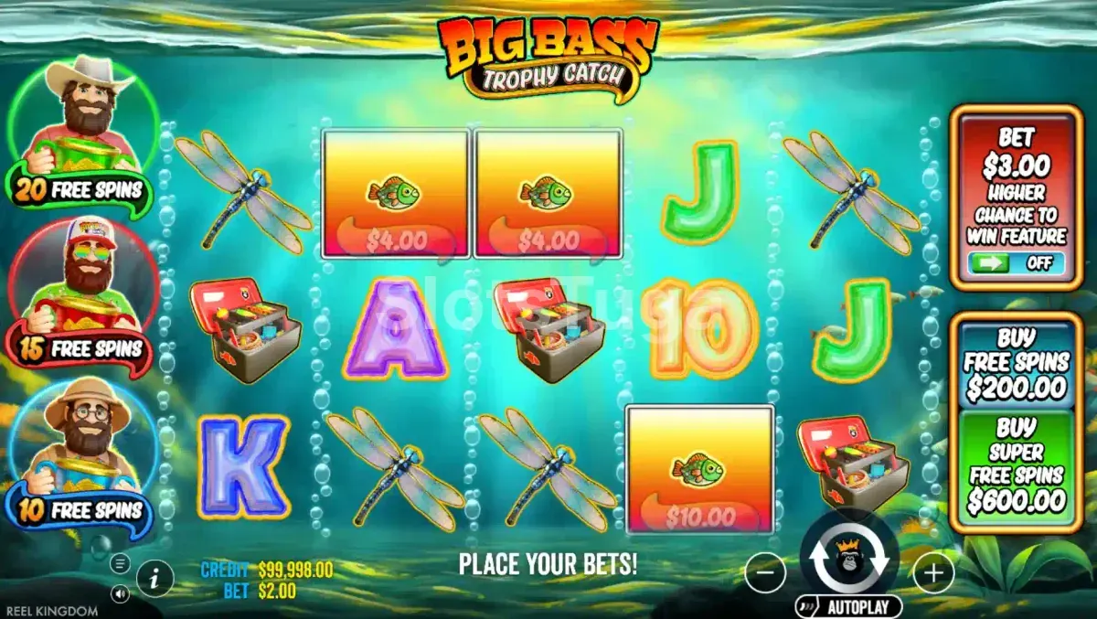 Tela principal da slot Big Bass Trophy Fishing com os rouleaux em destaque