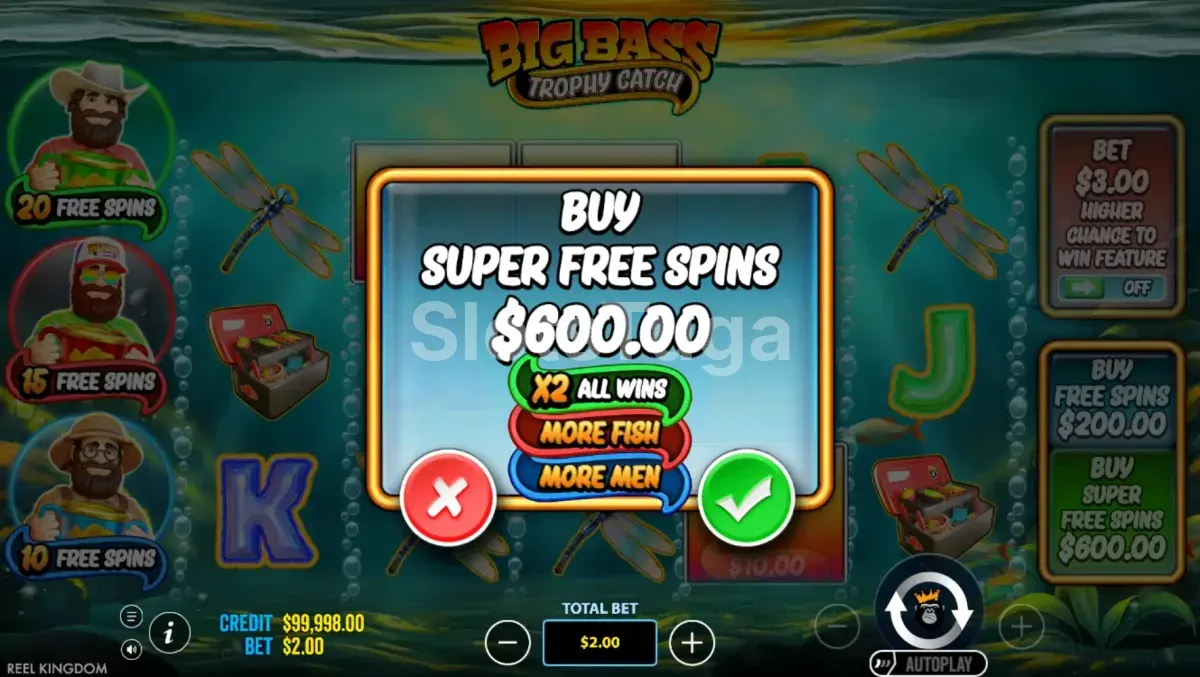 Tela de compra de bônus da slot Big Bass Trophy Fishing