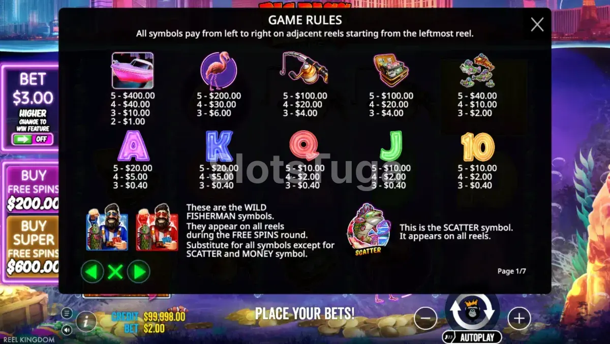 Tabela de pagamentos do Big Bass Vegas Double Down Deluxe