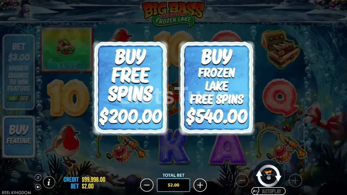 Tela de compra de bônus da Big Bass XMAS Frozen Lake com as opções disponíveis