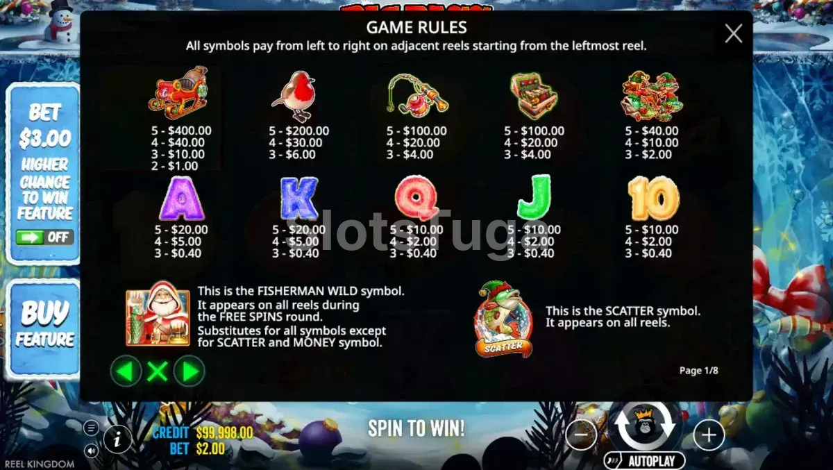 Tabela de pagamentos da slot Big Bass XMAS Frozen Lake mostrando os símbolos e prêmios