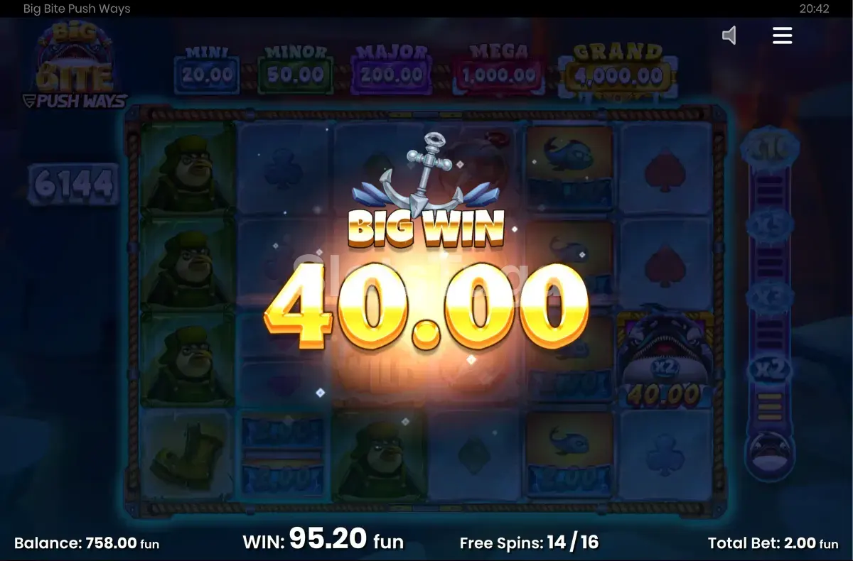 Tela de grande vitória na Big Bite Push Ways com prêmio acumulado em destaque