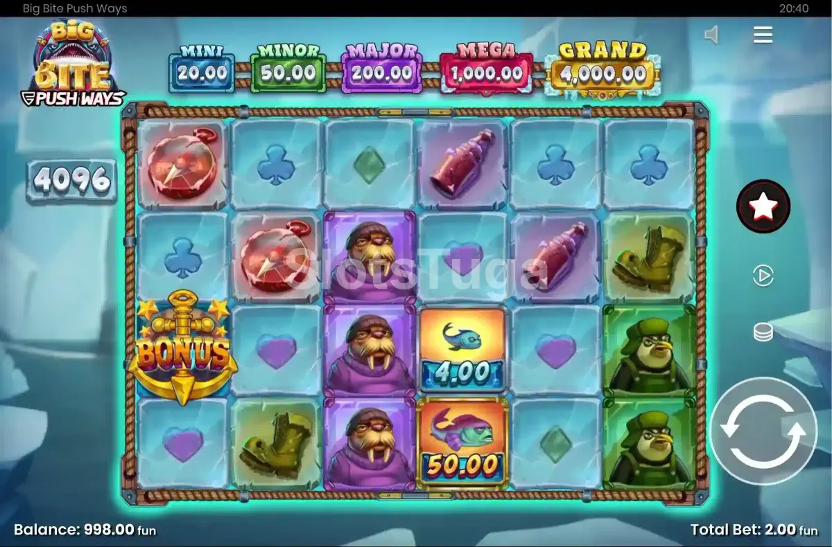 Tela principal do jogo Big Bite Push Ways com os rouleaux em ação