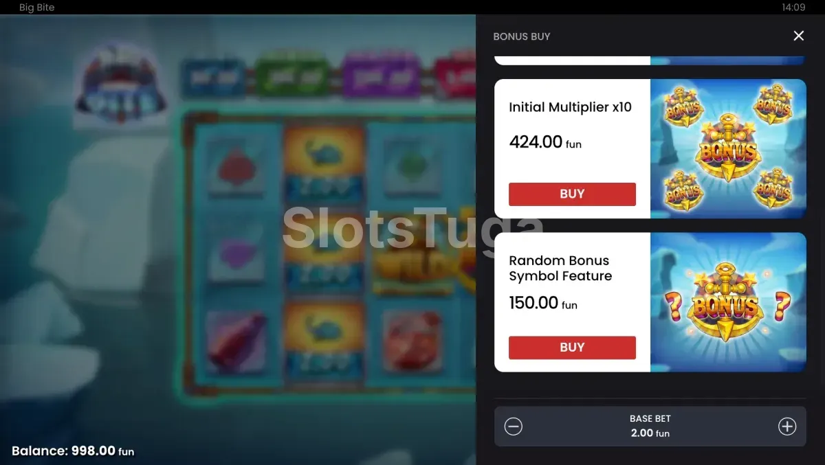 Tela de compra de bônus da slot Big Bite com as opções disponíveis
