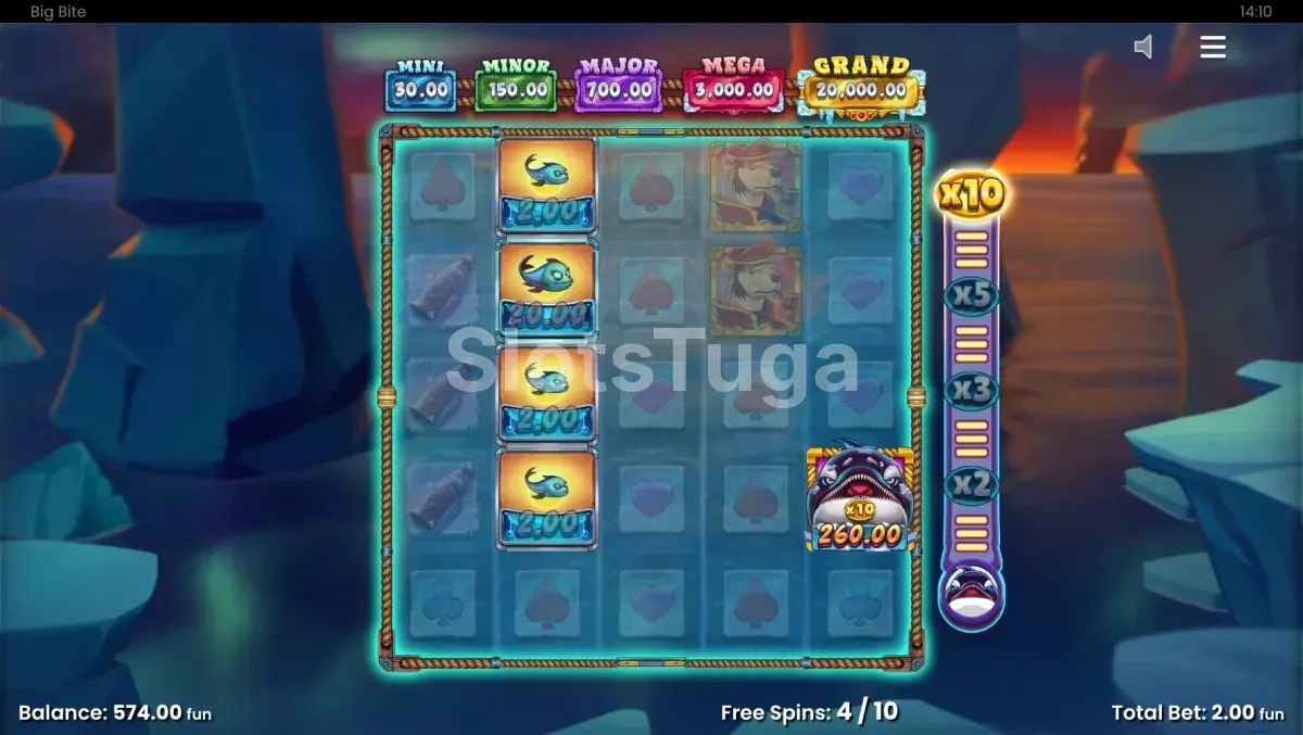 Rodada de giros grátis da slot Big Bite com o grid expandido 5x5