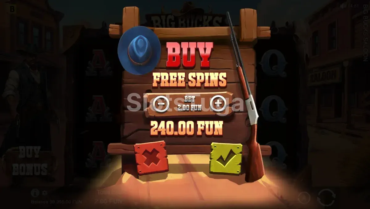Tela de compra de bônus da Big Bucks Saloon com opções disponíveis