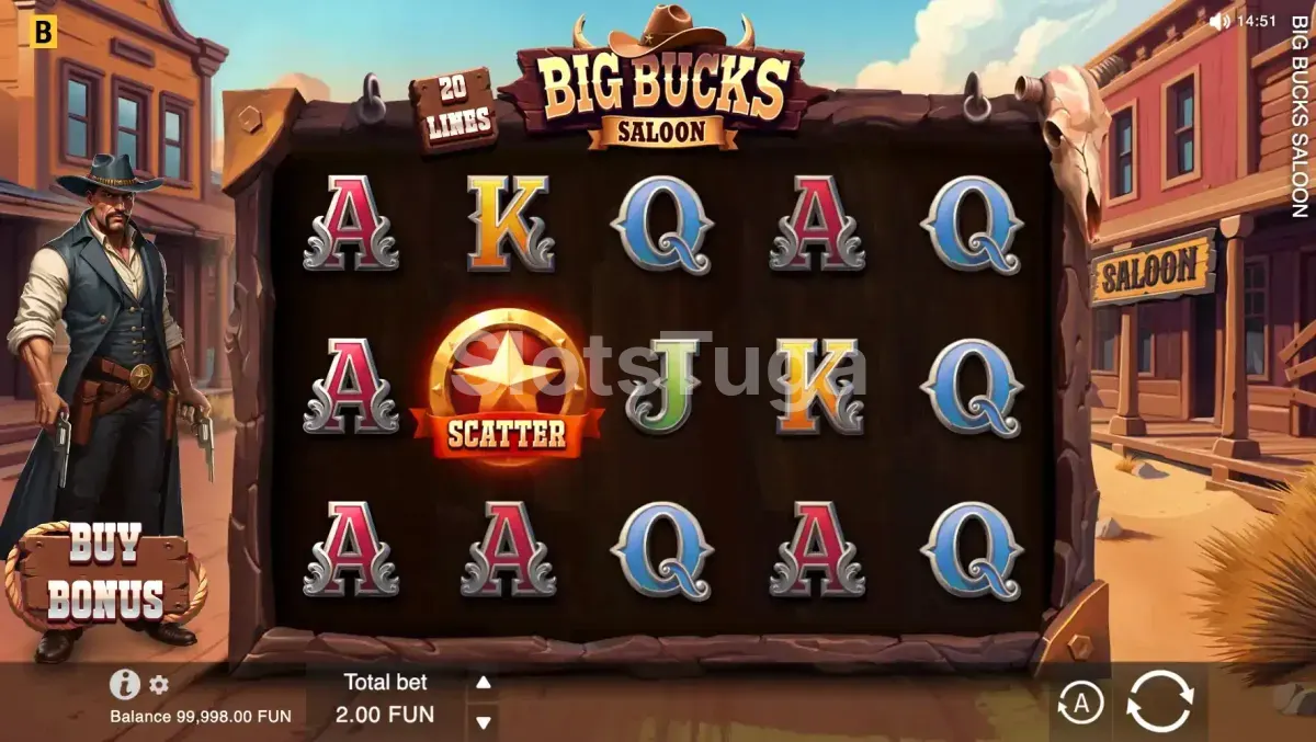 Jogo base da Big Bucks Saloon com tema de saloon do Velho Oeste