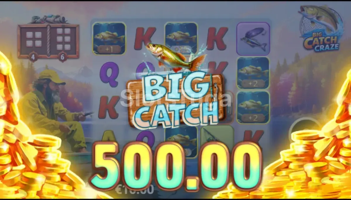 Tela de grande vitória na Big Catch Craze mostrando multiplicador máximo