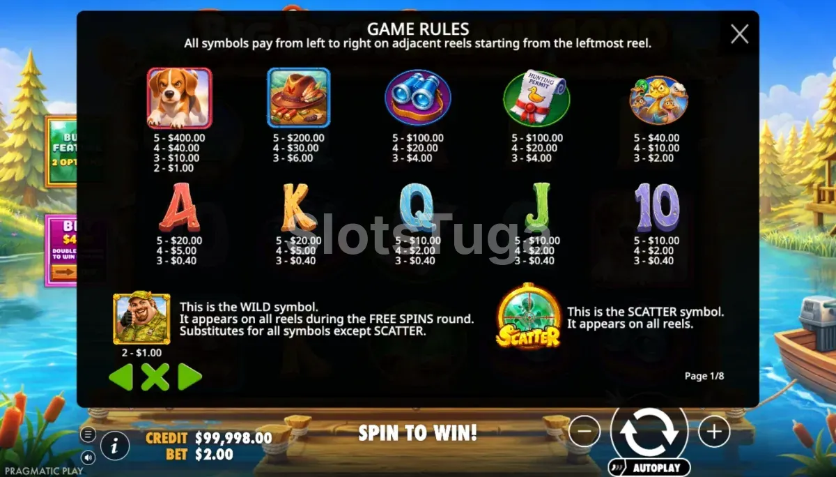 Tabela de pagamentos da Big Duck Splash 1000