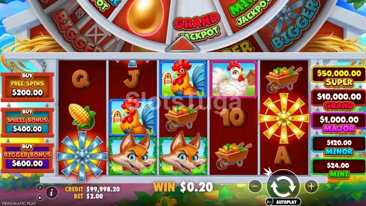 Jogo base da Bigger Barn House Bonanza com celeiro e galinhas nos rolos