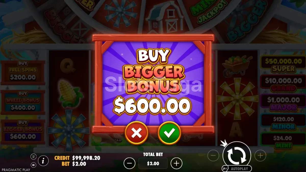 Tela de compra de bônus da Bigger Barn House Bonanza com opções disponíveis