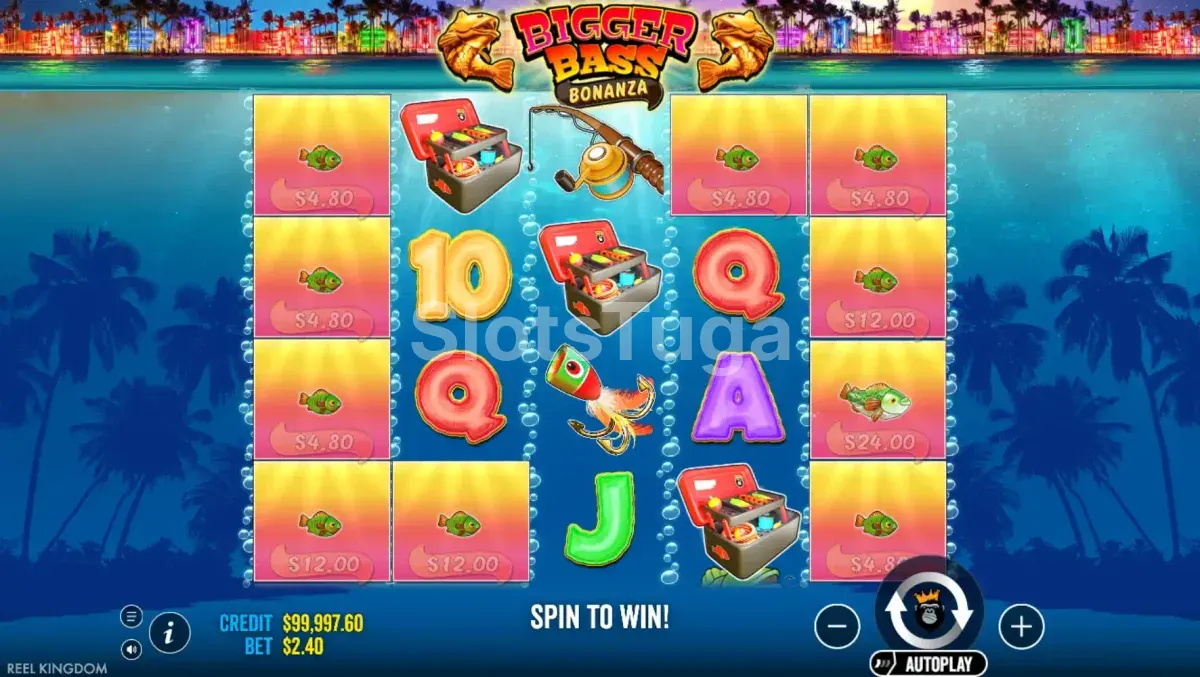 Bigger Bass Bonanza em jogo base: uma grelha submersa com palmeiras e um horizonte de néon ao fundo, cheia de peixes de dinheiro rosa e amarelos com os valores escritos por baixo, caixas de pesca e uma cana.