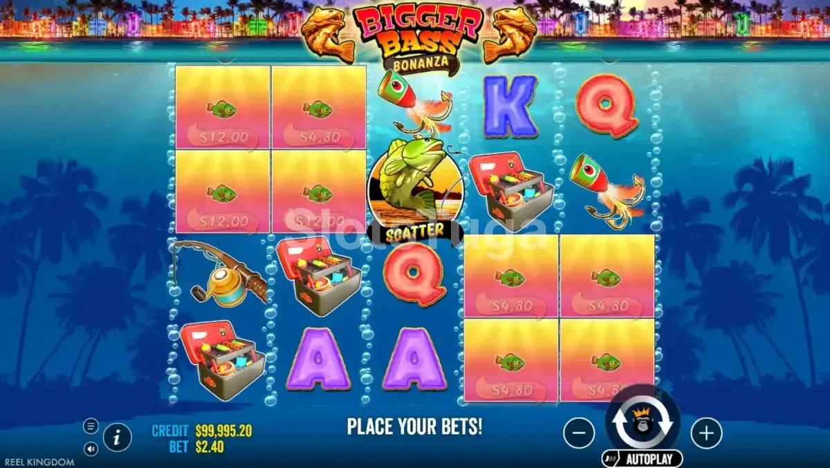 Segunda tela do jogo base do slot Bigger Bass Bonanza mostrando rodada ativa
