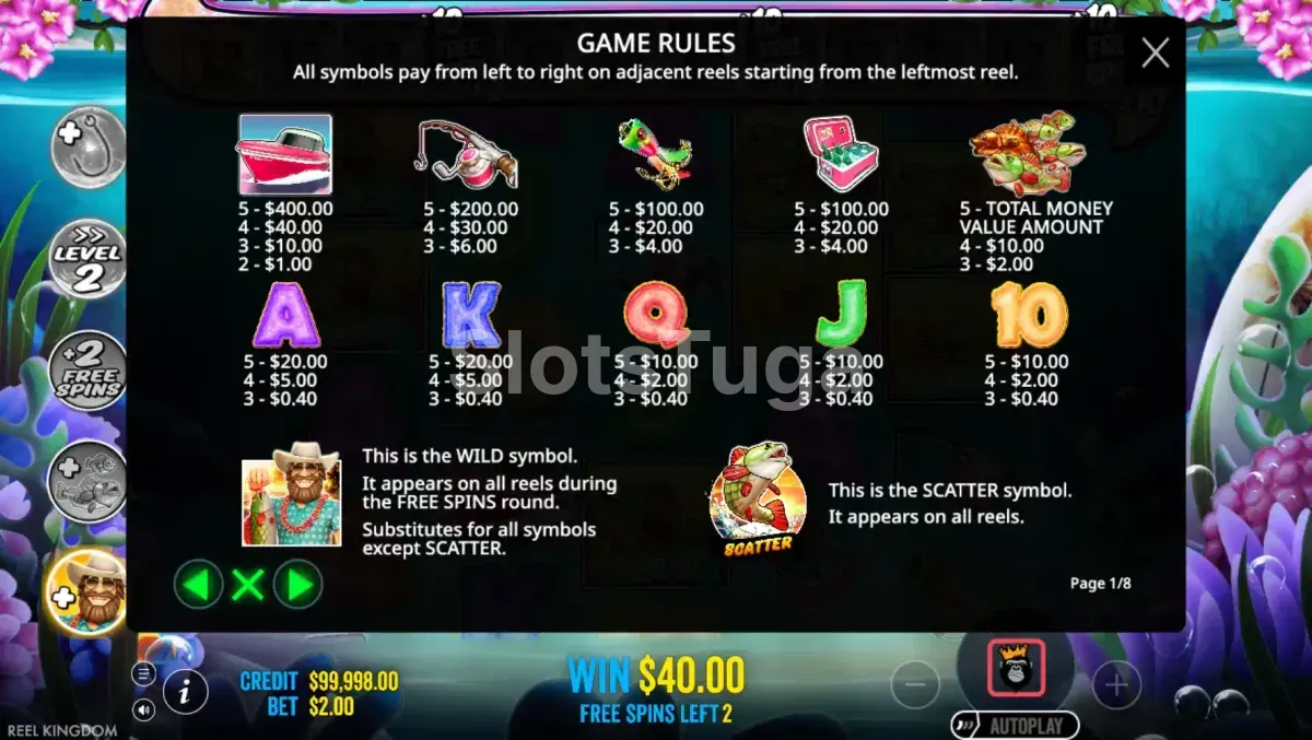 Tabela de pagamentos da slot Bigger Bass Splash com símbolos e valores