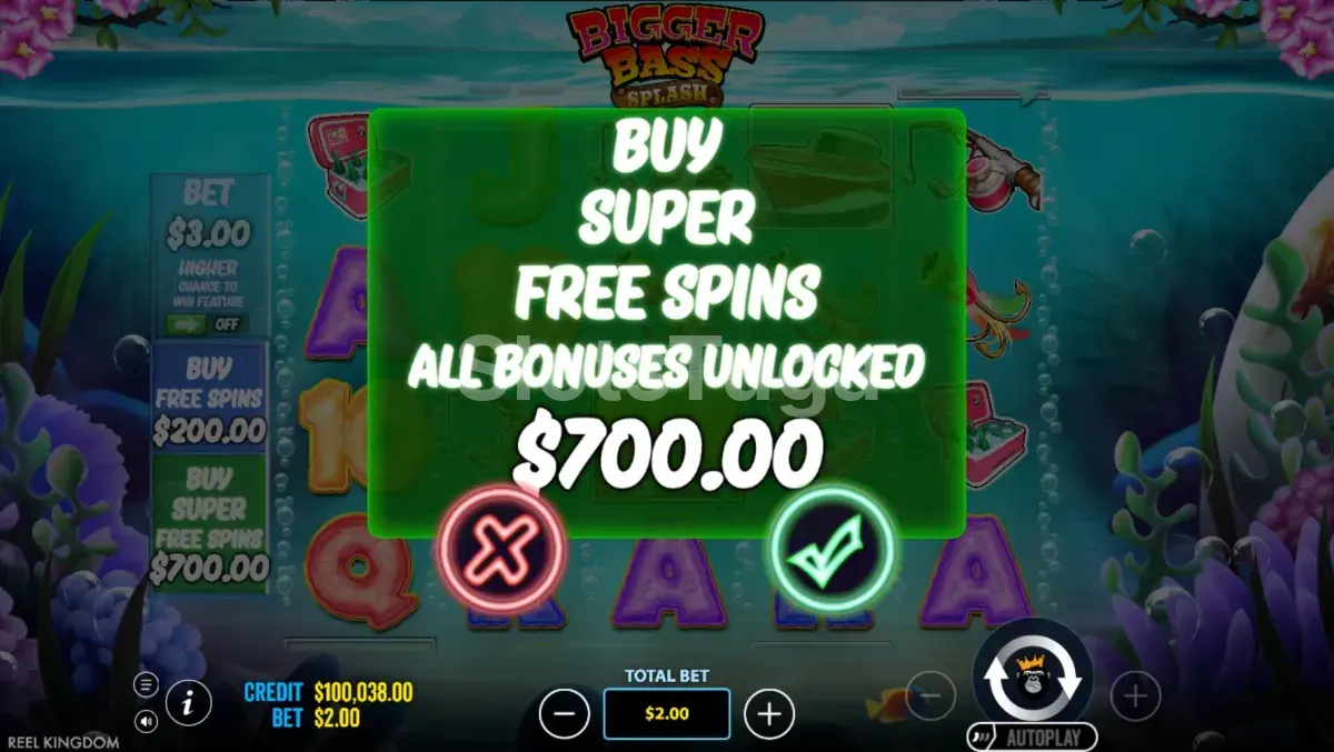 Tela de compra de bônus da slot Bigger Bass Splash com opções de free spins