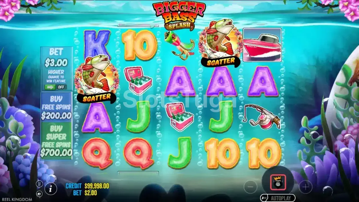 Tela principal do jogo Bigger Bass Splash com grade de 5 rolos