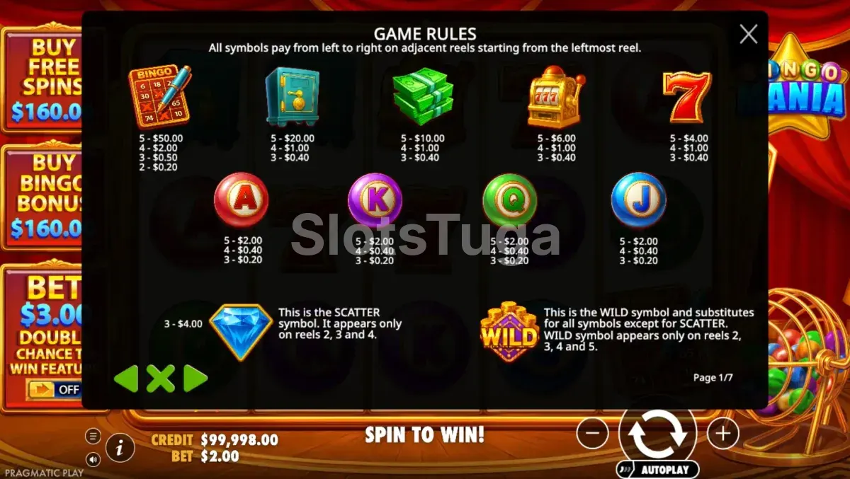 Tabela de pagamentos da Bingo Mania, símbolos e valores da slot Pragmatic Play