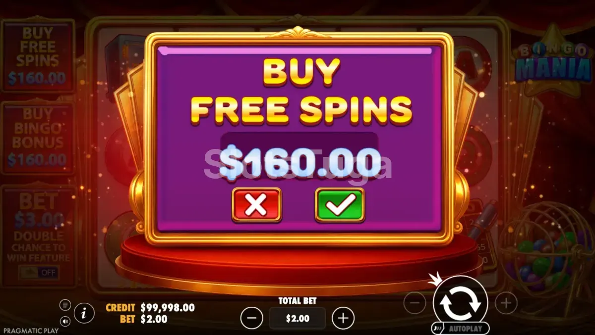 Tela de compra de bônus da Bingo Mania, Bonus Buy da slot Pragmatic Play