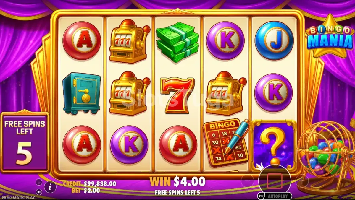 Rodada de giros grátis da Bingo Mania com símbolos mistério, slot Pragmatic Play