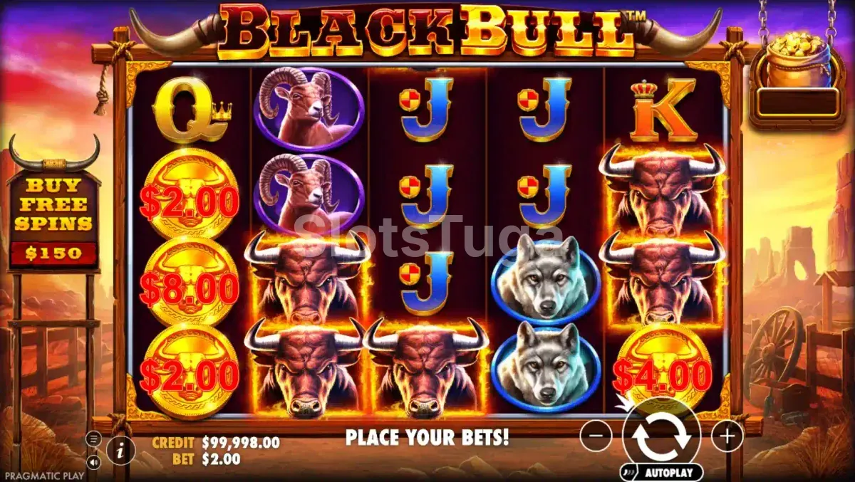 Jogo base da Black Bull com símbolos animais no cenário de pradaria