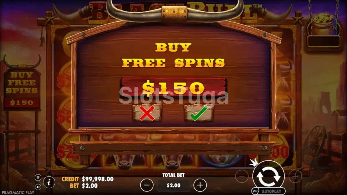 Tela de compra de bônus da Black Bull com opção de acesso direto aos free spins