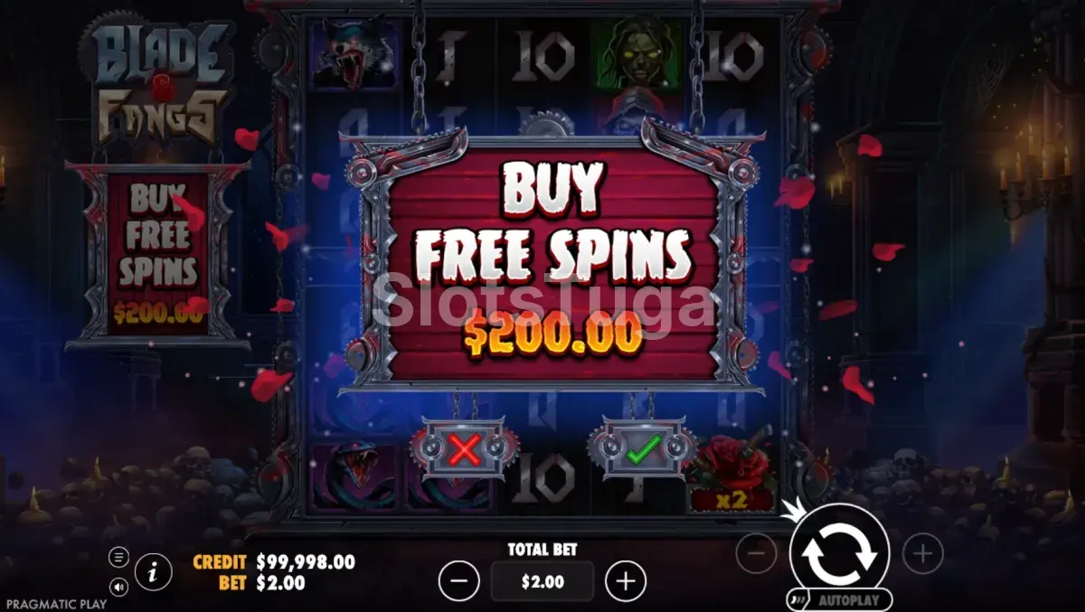 Tela de compra de bônus da slot Blade & Fangs