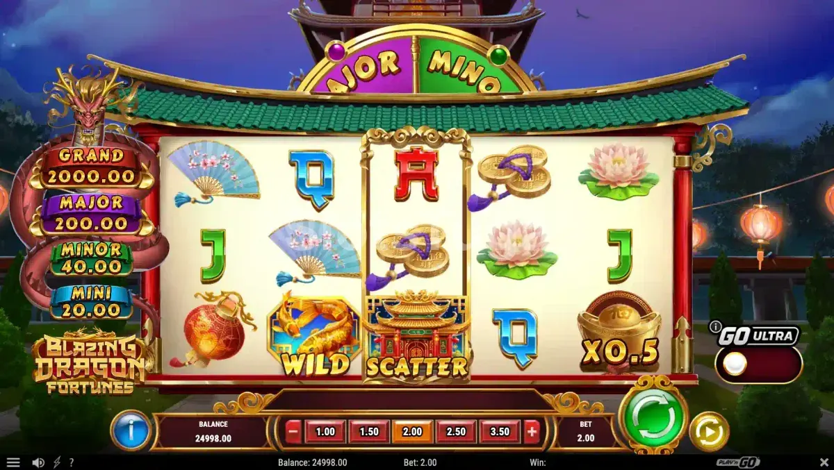 Tela principal do Blazing Dragon Fortunes com os rouleaux em ação