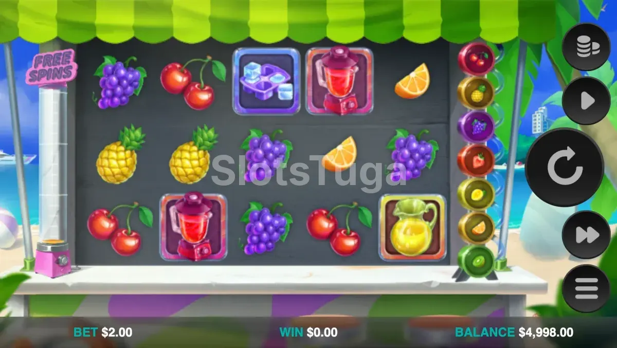Gameplay principal do slot Blender Blitz com tema de bar na praia